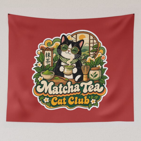Item preview, Retro Matcha Tea Cat Club 70s Wellness designed and sold by Retro Whiskers.