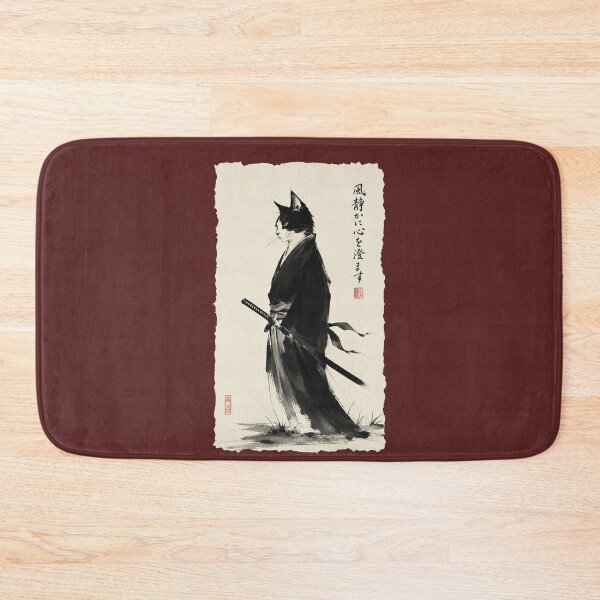 Item preview, Black Cat Japanese Robe Sword Water Ink Art Feline Katana designed and sold by alenaz.