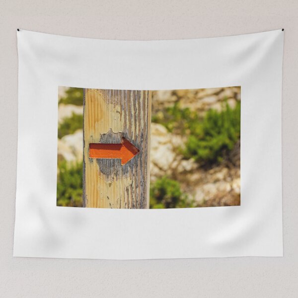 Item preview, Weathered Wooden Post With Orange Arrow Direction Sign Pointing Right On Outdoor Trail designed and sold by Nmallia.