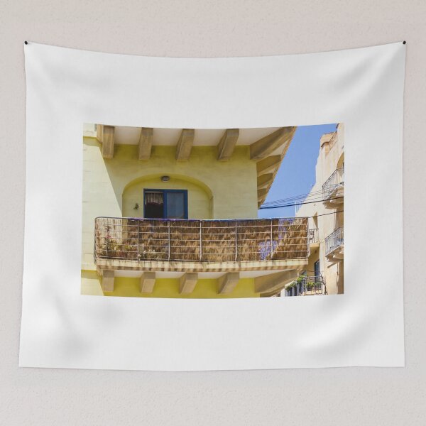 Item preview, Sunny Yellow Apartment Balcony With Reed Screen and Potted Plants on Urban Building designed and sold by Nmallia.