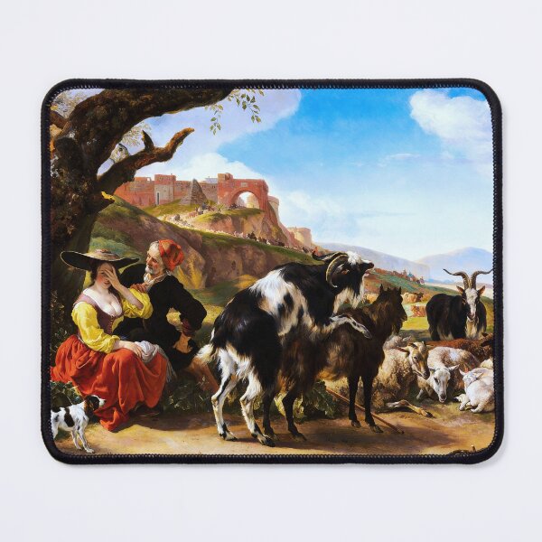 Item preview, Italianate landscape with a shepherd showing a woman his flock by Jan Baptist Weenix designed and sold by The Breathing Paint.