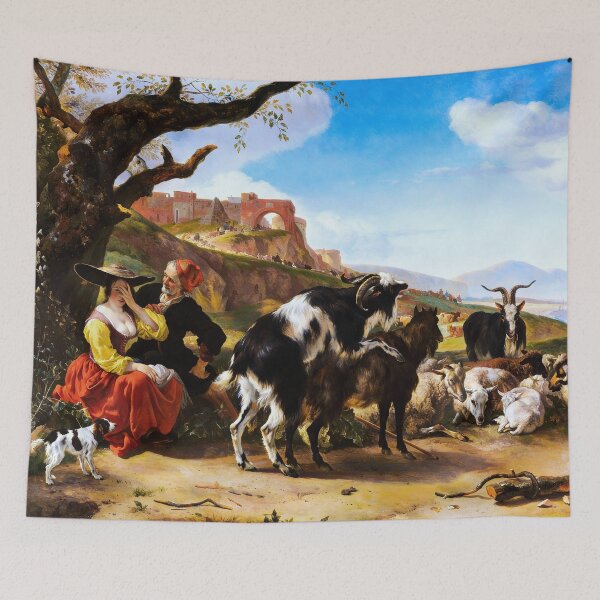 Item preview, Italianate landscape with a shepherd showing a woman his flock by Jan Baptist Weenix designed and sold by The Breathing Paint.