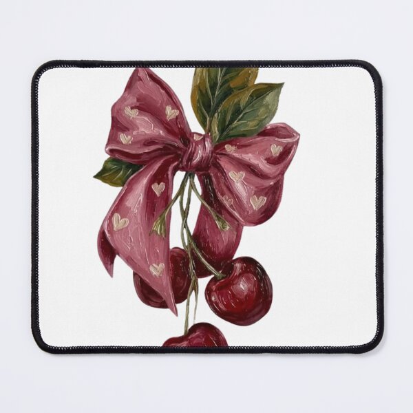 Item preview, Oil Painting Cherries with Heart Patterned Pink Bow designed and sold by MindMakerStudio.