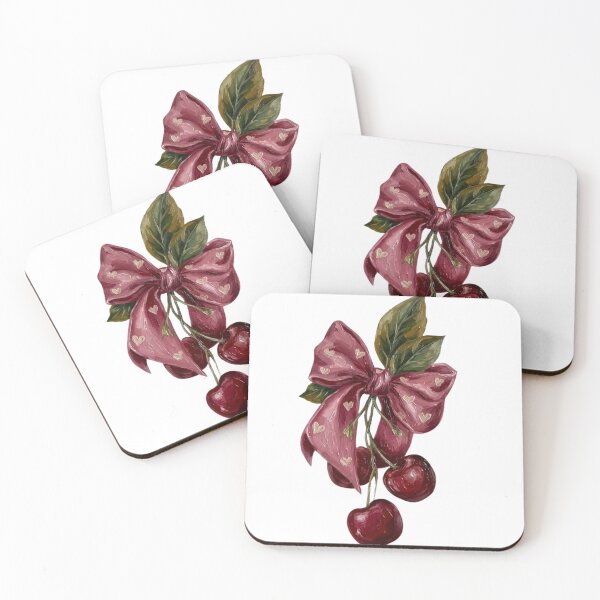 Item preview, Oil Painting Cherries with Heart Patterned Pink Bow designed and sold by MindMakerStudio.