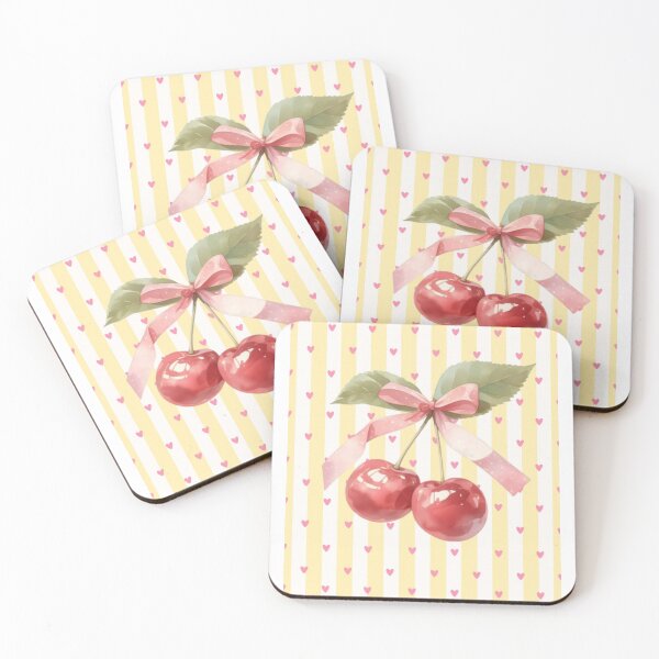 Item preview, Soft Watercolor Cherries with Pink Bow and Hearts designed and sold by MindMakerStudio.