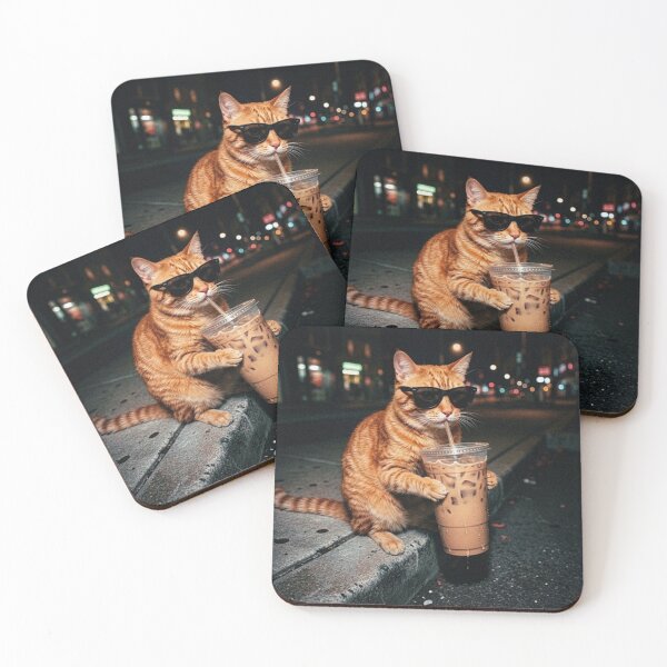 Item preview, Retro Cat Drinking Iced Coffee Funny Animal Meme Coffee Lover Raccoon designed and sold by Thread&Fable.