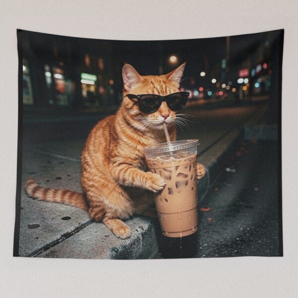 Item preview, Retro Cat Drinking Iced Coffee Funny Animal Meme Coffee Lover Raccoon designed and sold by Thread&Fable.