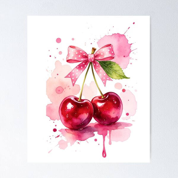 Item preview, Watercolor Cherries with Pink Polka Dot Bow designed and sold by MindMakerStudio.