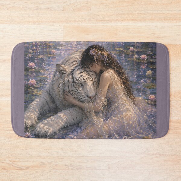 Item preview, White Tiger and Woman in Blue Flowers Fantasy Art designed and sold by ManJiangHong.