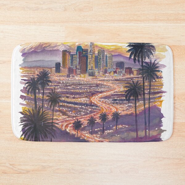 Artikelvorschau, Abenddämmerung in Los Angeles über Autobahnen, Palmen und der Innenstadt entworfen und verkauft von artshop77.
