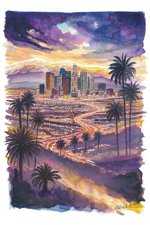 Item preview, Los Angeles Twilight Above Highways Palms and Downtown designed and sold by artshop77.