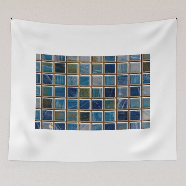 Item preview, Blue Ceramic Mosaic Tile Wall With Grout Texture and Weathered Glaze Pattern Closeup designed and sold by Nmallia.