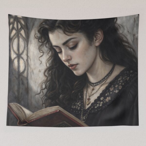 Item preview, Gothic Girl Reading Spell Book In Castle Painting designed and sold by DarkHolyQueen.