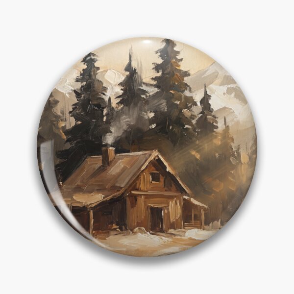 Item preview, Cozy Mountain Cabin Sunrise Oil Painting designed and sold by ArtAmbience.