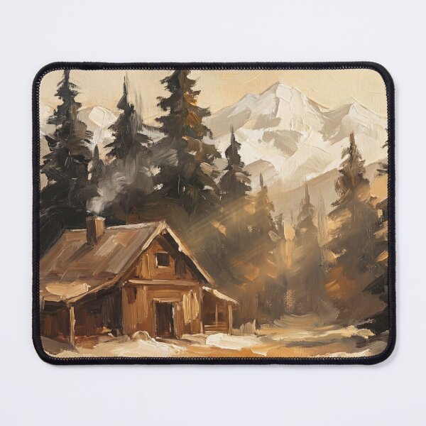 Item preview, Cozy Mountain Cabin Sunrise Oil Painting designed and sold by ArtAmbience.