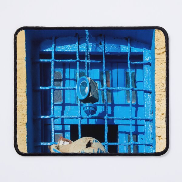 Item preview, Blue Window With Ceramic Jug and Hanging Lantern Against Yellow Rustic Wall, Mediterranean Style Exterior designed and sold by Nmallia.