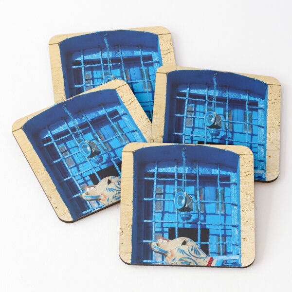 Item preview, Blue Window With Ceramic Jug and Hanging Lantern Against Yellow Rustic Wall, Mediterranean Style Exterior designed and sold by Nmallia.