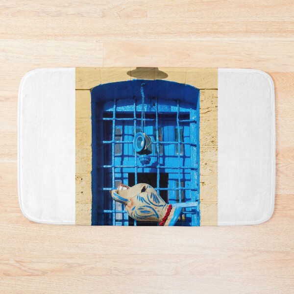 Item preview, Blue Window With Ceramic Jug and Hanging Lantern Against Yellow Rustic Wall, Mediterranean Style Exterior designed and sold by Nmallia.