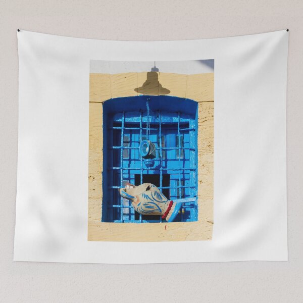 Item preview, Blue Window With Ceramic Jug and Hanging Lantern Against Yellow Rustic Wall, Mediterranean Style Exterior designed and sold by Nmallia.