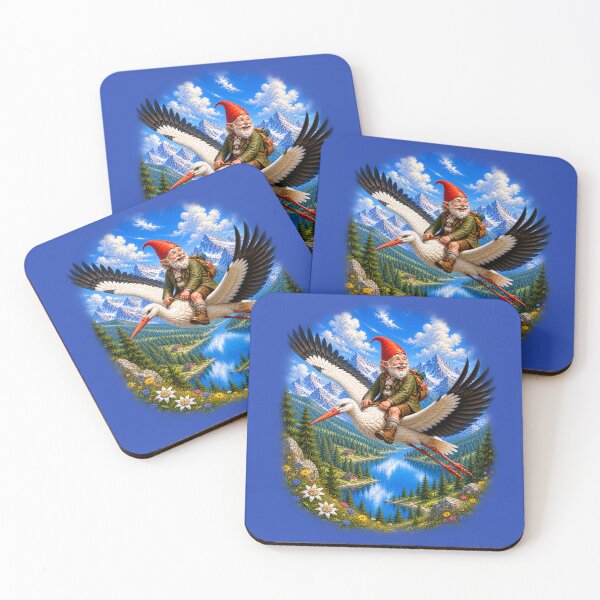 Item preview, Alpine Gnome Riding a Stork Over Mountain Lake – Fantasy Adventure Illustration designed and sold by Alpine-Ink.