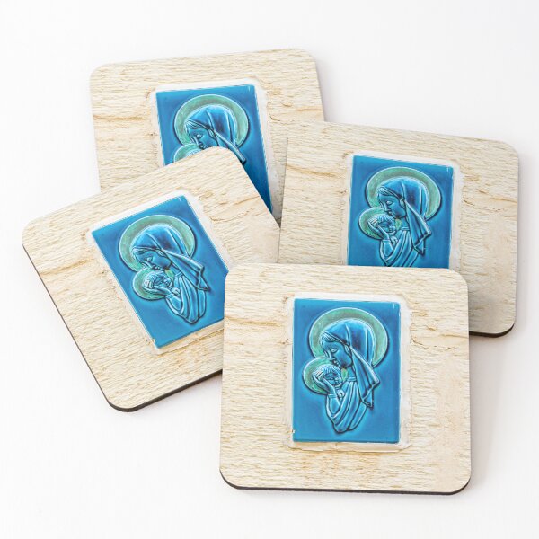 Item preview, Blue Ceramic Plaque of the Virgin Mary With Baby Jesus Mounted on a Textured Wall designed and sold by Nmallia.