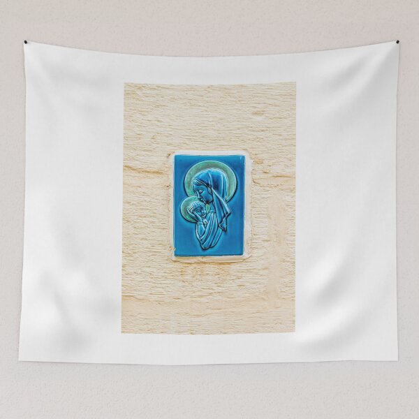 Item preview, Blue Ceramic Plaque of the Virgin Mary With Baby Jesus Mounted on a Textured Wall designed and sold by Nmallia.