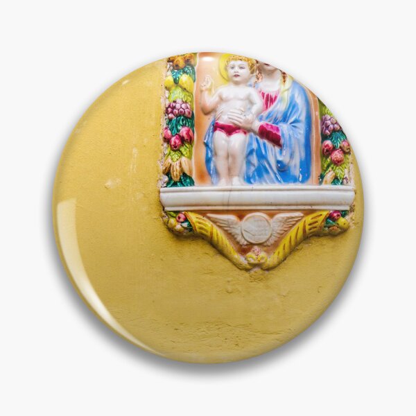 Item preview, Colorful Virgin Mary and Baby Jesus Ceramic Shrine Mounted on Yellow Wall in Mediterranean Street designed and sold by Nmallia.