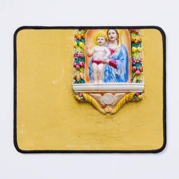 Item preview, Colorful Virgin Mary and Baby Jesus Ceramic Shrine Mounted on Yellow Wall in Mediterranean Street designed and sold by Nmallia.