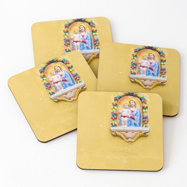 Item preview, Colorful Virgin Mary and Baby Jesus Ceramic Shrine Mounted on Yellow Wall in Mediterranean Street designed and sold by Nmallia.