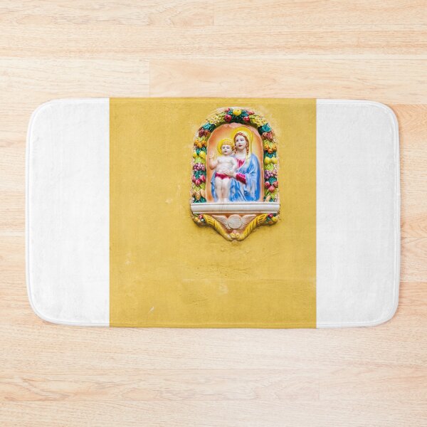 Item preview, Colorful Virgin Mary and Baby Jesus Ceramic Shrine Mounted on Yellow Wall in Mediterranean Street designed and sold by Nmallia.