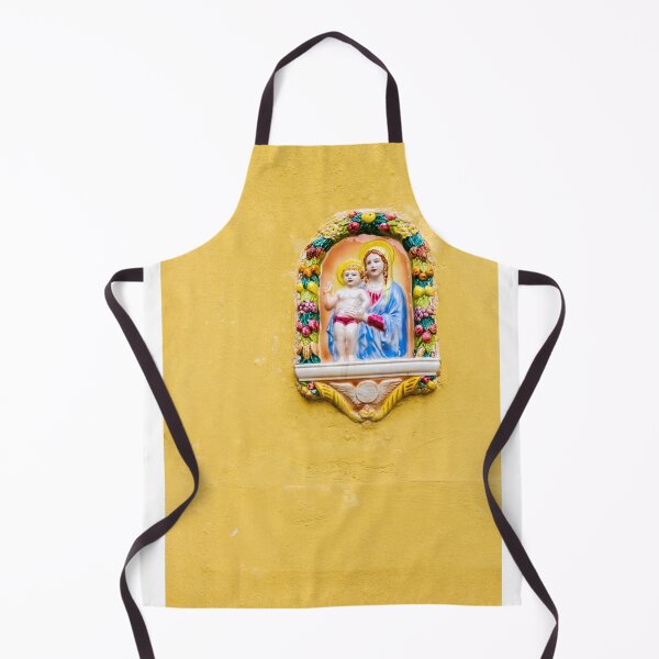 Item preview, Colorful Virgin Mary and Baby Jesus Ceramic Shrine Mounted on Yellow Wall in Mediterranean Street designed and sold by Nmallia.