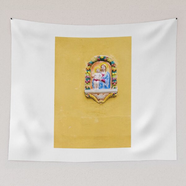 Item preview, Colorful Virgin Mary and Baby Jesus Ceramic Shrine Mounted on Yellow Wall in Mediterranean Street designed and sold by Nmallia.