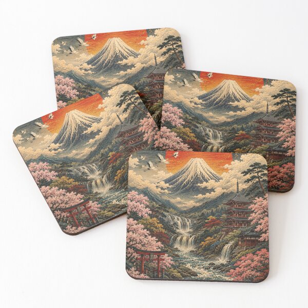 Item preview, Japanese Ukiyo-e Mountain Rising Sun – Cherry Blossom Waterfall Landscape designed and sold by BrandonArtWorld.