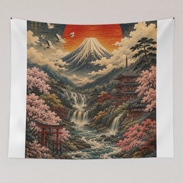 Item preview, Japanese Ukiyo-e Mountain Rising Sun – Cherry Blossom Waterfall Landscape designed and sold by BrandonArtWorld.