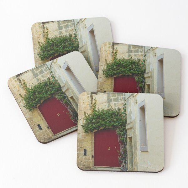 Item preview, Red Door in Narrow Stone Alley With Ivy Climbing an Old Mediterranean Building and Weathered Walls designed and sold by Nmallia.