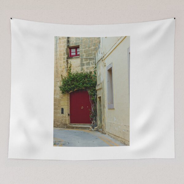 Item preview, Red Door in Narrow Stone Alley With Ivy Climbing an Old Mediterranean Building and Weathered Walls designed and sold by Nmallia.