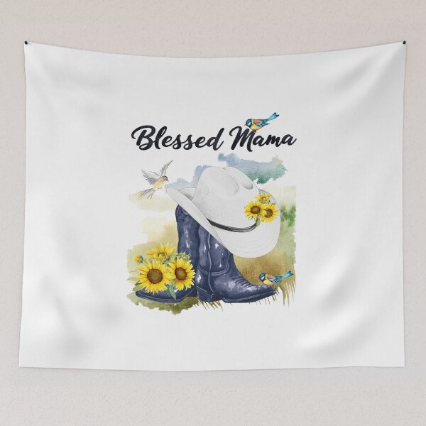 Item preview, Blessed Mama with Cowboy Boots/Hat, Sunflowers, Birds & Meadow Background designed and sold by JeweledDesigns.