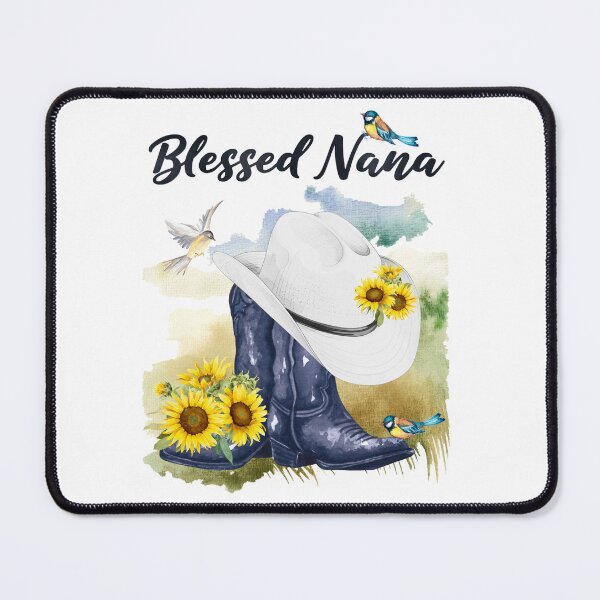 Item preview, Blessed Nana with Cowboy Boots, Sunflowers, birds & Meadow Background designed and sold by JeweledDesigns.