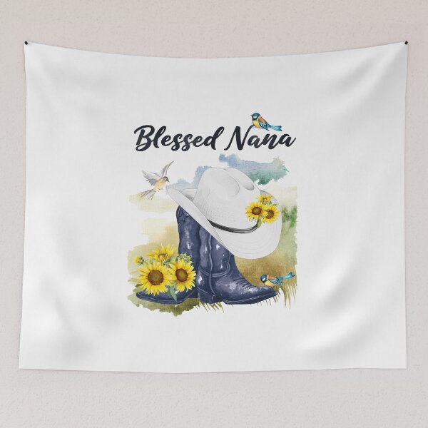 Item preview, Blessed Nana with Cowboy Boots, Sunflowers, birds & Meadow Background designed and sold by JeweledDesigns.