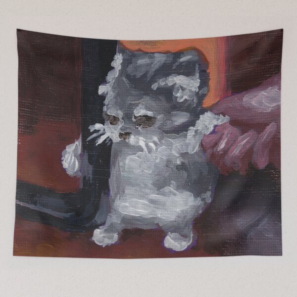 Item preview, cat holding chair meme - acrylic painting designed and sold by crissini.