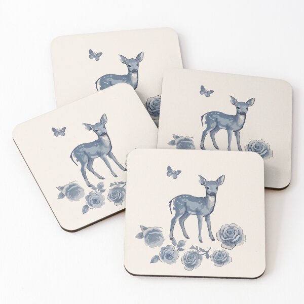 Item preview, Dusty Blue Watercolor Fawn with Roses & Butterfly | Whimsical Woodland Deer Art designed and sold by FawnFeatherCo.