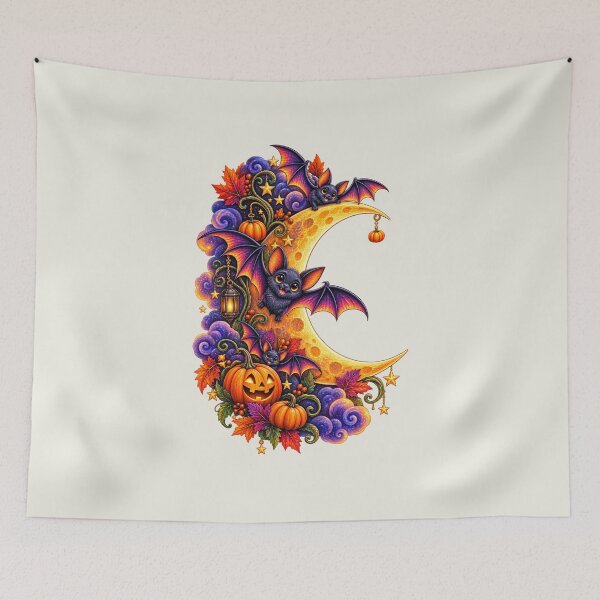 Item preview, Magical Halloween Crescent Moon – Bats, Pumpkins & Autumn Leaves designed and sold by annenambiro.