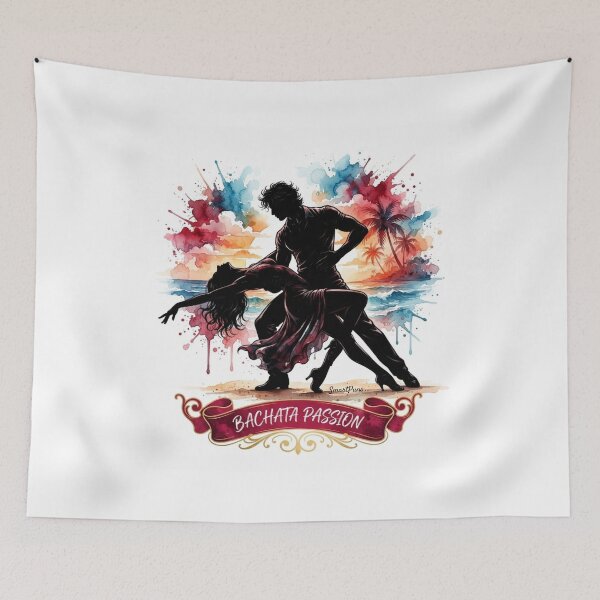 Item preview, Bachata Passion – Sensual Dance Couple Watercolor Illustration, Acrobatic Deep Dip Silhouette, Retro Ribbon Banner Latin Apparel Sticker designed and sold by SmartPuns.