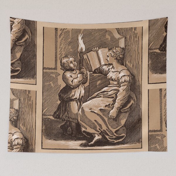 Item preview, Mujer leyendo a la luz de una linterna con un niño designed and sold by artofuniverse.