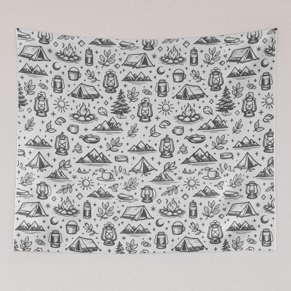 Item preview, Vintage Outdoor Camping Seamless Pattern – Hand-Drawn Wilderness Icons Mono designed and sold by GabeMountainArt.