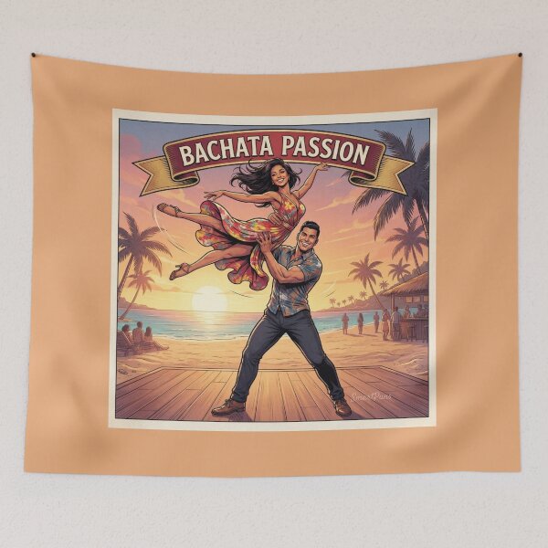 Item preview, Bachata Passion – Retro Latino Dance Couple Acrobatic Lift, Vintage 1970s Tropical Beach Sunset Banner, Social Dancers Apparel Art Poster designed and sold by SmartPuns.