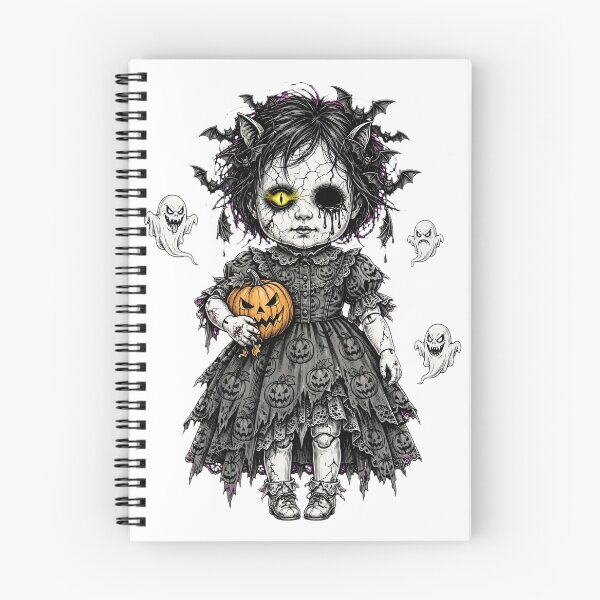 Item preview, Cracked Porcelain Doll - Creepy Halloween Doll with Pumpkin and Ghosts designed and sold by PrettyCrypt.