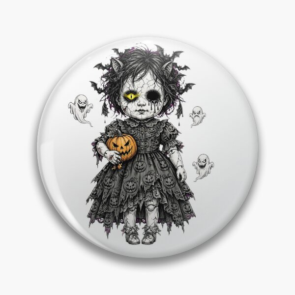 Item preview, Cracked Porcelain Doll - Creepy Halloween Doll with Pumpkin and Ghosts designed and sold by PrettyCrypt.