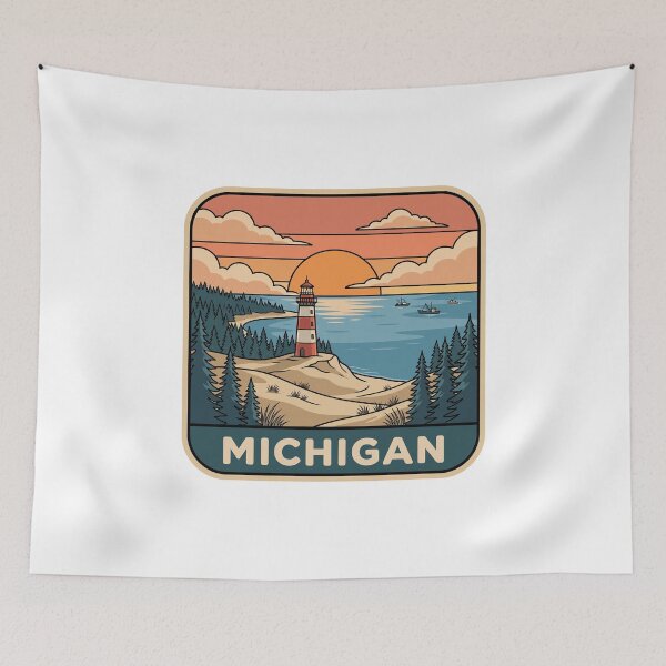 Item preview, Retro Michigan Great Lakes Lighthouse Travel Badge designed and sold by Paper Drip.