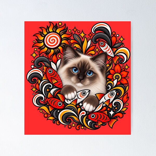 Artikelvorschau, Birma-Katzen-Volkskunst – Psychedelisches Sonnen- und Fischmuster entworfen und verkauft von PixelsPaws.